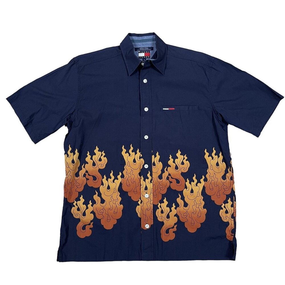 Vintage Tommy Jeans Shirt Mens S Navy Flame Graphic Button‎ Down Short Sleeve